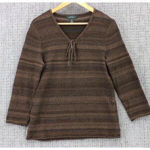 LRL Lauren Jeans Co Sweater Womens Medium M Brown Striped Long Sleeve V Neck